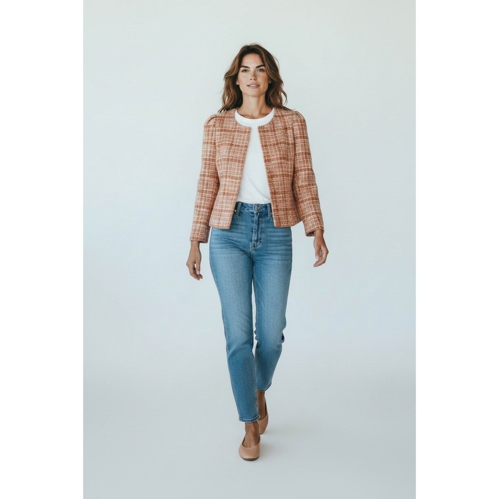 Talbots Tweed Jacket Women 6 Orange Plaid Excellent Puff Shoulder Open Front